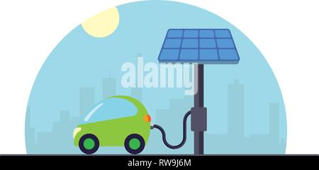 Concept l'électromobilité. Voiture compacte électrique à énergie solaire au design plat, station de charge vector illustration Illustration de Vecteur