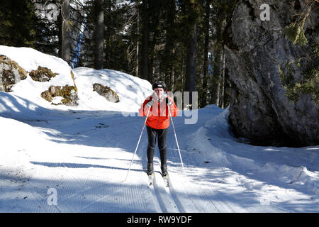 Femme sur ski San Martino di Castrozza, Trentin, Italie, Europe Banque D'Images
