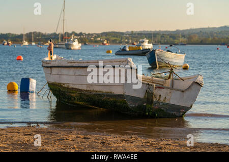 Emouth, Devon, England, UK - 18 Avril 2017 : un bateau sur la rive de la rivière Exe avec d'autres bateaux flottant dans la rivière dans l'arrière-plan Banque D'Images