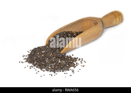 Gros plan du chia seeds noire, une plante d'après une source d'acides gras oméga-3, présenté sur une petite cuillère en bois Banque D'Images