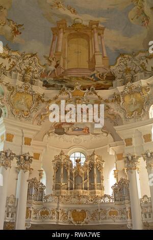 Galerie orgue orgue, brochure, Wieskirche près de Steingaden, Allgäu, Bavière, Allemagne Banque D'Images