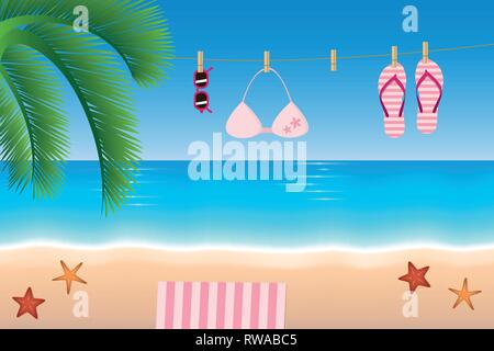 Des vacances tongs et bikini lunettes accrocher sur une corde sur la plage illustration vecteur EPS10 Illustration de Vecteur