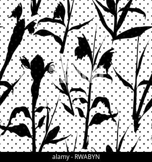 Modèle sans couture rétro noir avec feuilles et fleurs tropicales ombre silhouette sur fond blanc. Textiles de tissus vintage, la mode de l'été imprimer le desi Illustration de Vecteur