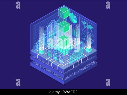 Concept Blockchain avec symbole de blocs flottants comme vecteur illustration 3D isométrique Illustration de Vecteur