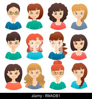 Jeu de filles mignonnes femmes avec différentes coiffures et vecteur de couleur illustration isolé. Télévision Cartoon icônes Illustration de Vecteur