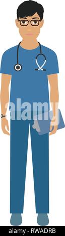 Vector portrait d'un jeune médecin avec des lunettes. Un médecin homme avec un stéthoscope. Un homme en robe médical. Vector Illustration de Vecteur