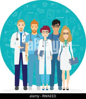 Les médecins. Équipe de travailleurs médicaux sur un arrière-plan. Le personnel de l'hôpital. Vector illustration dans le style cartoon Illustration de Vecteur
