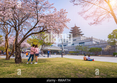 Séoul - 10 avril 2016 : Gyeongbokgung Palace avec Fleur de cerisier au printemps Billet de Corée, le 10 avril 2016 à Séoul, Corée du Sud. Banque D'Images
