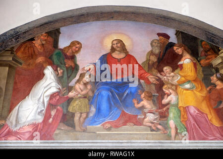 Jésus bénit les enfants, lunette de fresques, Ospedale degli Innocenti - Extérieur arcade, Florence, Italie Banque D'Images