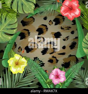 Contexte tropical avec cadre ou une bordure faite de feuilles et de fleurs tropicales et de place pour le texte et l'arrière-plan en peau de léopard. Télévision vector illustration. Illustration de Vecteur