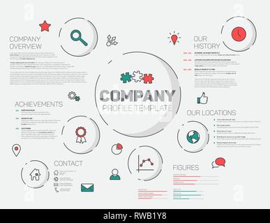 Profil de la société Vector infographic template design moderne avec des icônes de ligne mince hipster (rouge et bleu) Illustration de Vecteur