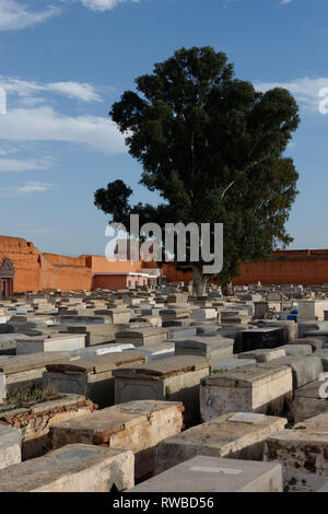 Tombes blanches à Miara Cimetière juif dans la médina de Marrakech sous le soleil d'après-midi de printemps (Marrakech, Maroc, Afrique) Banque D'Images