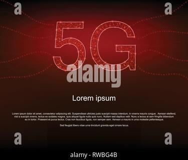 5G fond rouge avec polygon mesh, les codes binaires. Illustration de Vecteur