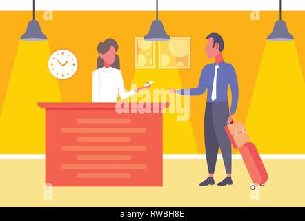 Businessman avec des bagages en tenant l'homme d'affaires clés pour arriver à l'hôtel hôtel réceptionniste femme enregistrement au comptoir d'accueil intérieur hall Illustration de Vecteur