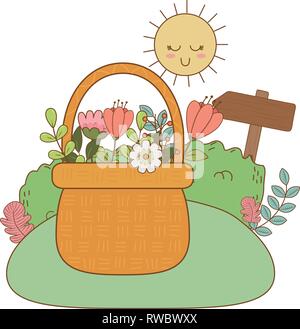 Panier de fleurs avec paille mignon dans le paysage Illustration de Vecteur