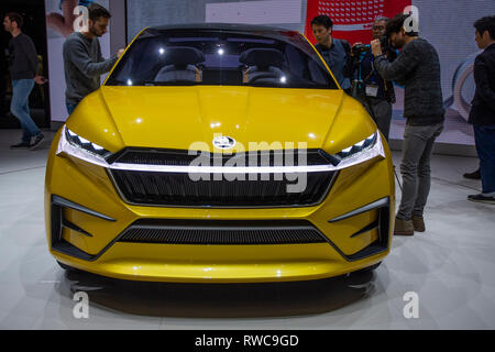 Genève, Suisse. 6 mars, 2019. La Skoda Vision iV présenté à la presse jours de la 89e Salon International de l'Automobile de Genève. Crédit : Eric Dubost/Alamy Live News Banque D'Images