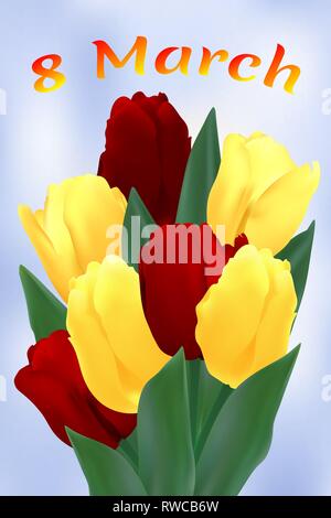 Bouquet de tulipes rouges et jaunes sur un fond flou. Félicitations à l'occasion de la journée des femmes le 8 mars. Illustration de Vecteur