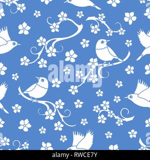 Modèle sans couture avec sakura de branches, les oiseaux. Le Japon la nature. Branches de cerisiers. Carte de Design, annonce, publicité, bannière ou imprimer Illustration de Vecteur
