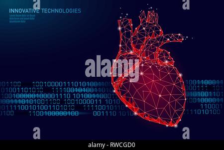 Battements de coeur humain en médecine 3d model low poly. Points connectés Triangle point lueur fond rouge. Corps interne d'impulsions de forme anatomique moderne Illustration de Vecteur