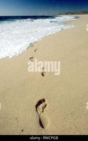 Des traces de pas dans le sable s'évanouissant dans le surf Banque D'Images