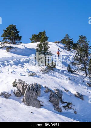 En forme et en bonne santé l'ascension d'une femme âgée le ski de piste en Navarre, Espagne Banque D'Images
