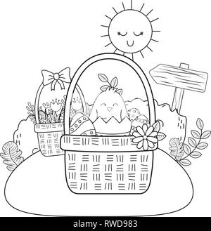 Petit Poussin avec œuf cassé dans panier de Pâques floral character Illustration de Vecteur