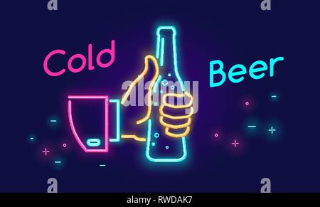Bouteille de bière froide et de Thumbs up'icône Symbole dans neon light style sur fond sombre. Vector illustration de néon lumineux main humaine détient bière bouteille wit Illustration de Vecteur