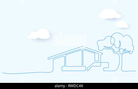 Dessin d'une ligne continue. Maison moderne avec arbre, bâtiment, bâtiment résidentiel concept. Vector illustration. Conception papier nuages Illustration de Vecteur