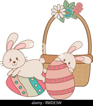 Des petits lapins avec oeuf peint en caractères de pâques panier Illustration de Vecteur