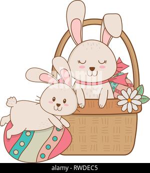 Des petits lapins avec oeuf peint en caractères de pâques panier Illustration de Vecteur