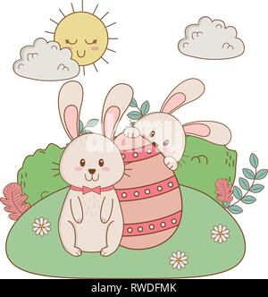Des petits lapins avec des œufs peints dans le jardin Illustration de Vecteur