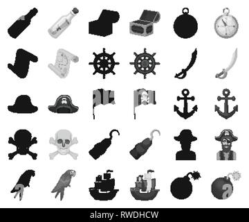 L'ancre,aventure,art,noir,attributs,monochrome,bouteille,la poitrine,collection,compas,corsair,design,mort,oeil,drapeau grenade, chapeau,crochet,illustration,logo,isolé,site,perroquet,message,patch,pirate,tuyau,pirates,voleur,sabre,mer,marin,set,bateau,signer,direction,crâne symbole,tabac,trésor,vecteur,web,volant,de vecteurs vecteur , Illustration de Vecteur