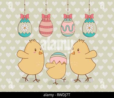 Petits poussins avec les oeufs de Pâques peints caractères Illustration de Vecteur