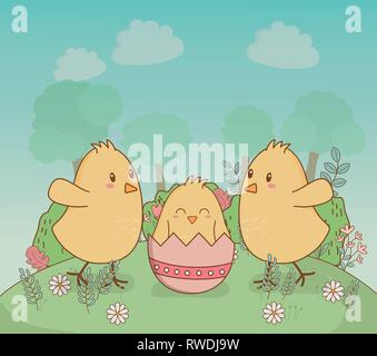 Petits poussins avec les oeufs de Pâques peints caractères Illustration de Vecteur