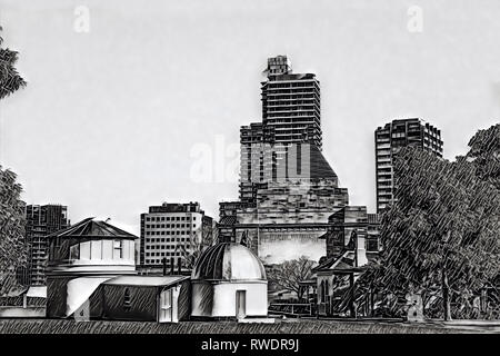 Observatoire de Melbourne avec des gratte-ciel en arrière-plan - dessin stylisé en noir et blanc Banque D'Images