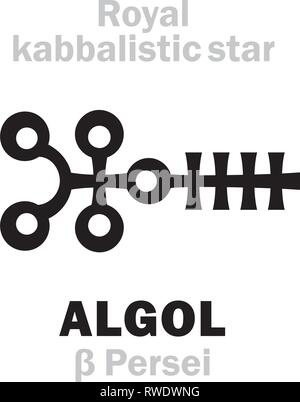 Alphabet d'astrologie : ALGOL (β Persei / Gorgona), larves "habitant" (l'oeil de la Gorgone), oth.name : Star démon. Signe hiéroglyphique, symbole kabbalistique. Illustration de Vecteur