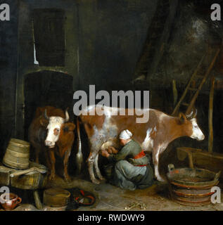 Une femme de traire une vache dans une grange ; Gerard Ter Borch (Néerlandais, 1617 - 1681) ; environ 1652 - 1654 ; Huile sur panneau ; Digital Image courtoisie de la Getty's Open Con Banque D'Images