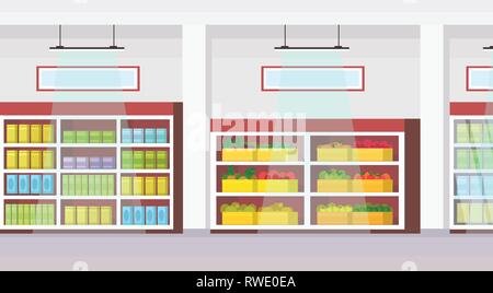 Grand supermarché épicerie vide intérieur aucun peuple super market shopping concept plate horizontale Illustration de Vecteur