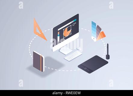 Creative web design concept projet moniteur de l'ordinateur de l'interface utilisateur de l'écran la créativité dessin numérique concepteur de processus de travail avec des outils 3D Illustration de Vecteur