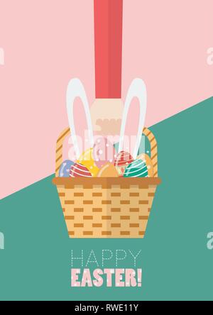 Main tenant un panier plein d'œufs de pâques et oreilles de lapin. Carte de souhaits Vector illustration Illustration de Vecteur