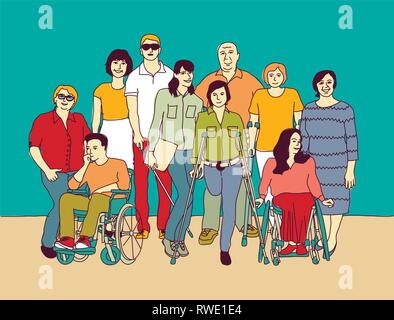 Les personnes handicapées de la communauté groupe handicap fauteuil roulant Illustration de Vecteur