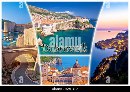 Carte postale Dubrovnik collage avec étiquette, célèbre destination touristique en Dalmatie, Croatie Banque D'Images