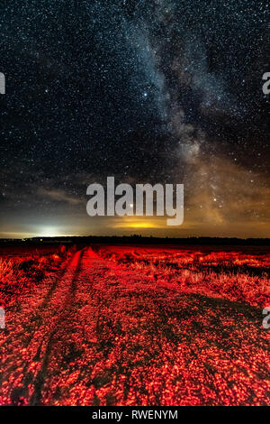 Nuit Ciel étoilé avec voie lactée Glowing Stars et Country Road Banque D'Images