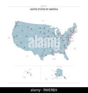 Etats-unis d'Amérique carte vectorielle. Modèle modifiable avec les régions, les villes, les axes rouge et bleu sur fond blanc de surface. Illustration de Vecteur