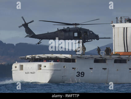 Plusieurs membres de la Sécurité maritime de la Garde côtière à l'ouest de l'équipe d'intervention monter une échelle dans une 176e Escadre, 210e Escadron de sauvetage en Alaska Air National Guard UH-60G Pave Hawk de les garde-côte de Alex Haley (WMEC 39) envol dans le cadre d'un exercice à Chiniak Bay, Alaska, le 23 février 2019. Les membres de l'équipe sont formés et techniquement compétents dans les techniques de pointe avec les gouvernements fédéral, des états et des partenaires locaux pour protéger le pays contre les menaces à la fois en mer et dans l'air. U.S. Coast Guard photo de Maître de 3e classe Lauren Dean. Banque D'Images