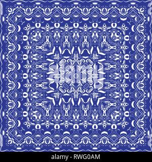 Carré blanc sur fond bleu. Ornement décoratif pour le mouchoir. Vector illustration. Illustration de Vecteur