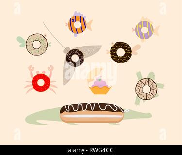 Donuts vue d'en haut. Habitants de la mer. Vector illustration. Illustration de Vecteur