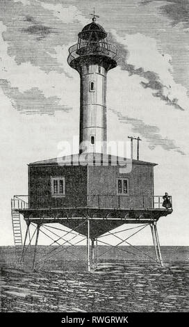 Delta de l'Ebre. Sant Carles de la Rapita, province de Tarragone, en Catalogne, Espagne. 'Phare de Punta de la banya'. Embouchure de l'Èbre, dans la péninsule de la banya. Il a été allumé pour la première fois en 1864. Crónica general de España, Historia Ilustrada Descriptiva y de sus Provincias. La Catalogne. 1866. Banque D'Images