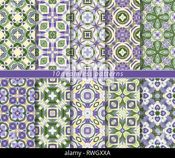 Ensemble de dix modèles sans couture classique dans des tons de bleu et vert. Éléments de conception et de décoration pour l'industrie textile, des couvertures de livre, de la fabrication, de l'écran, Illustration de Vecteur