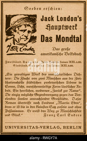 London, Jack, 12.1.1876 - 22.11.1916, journaliste et auteur américain / écrivain, portrait, publicité pour son roman "La vallée de la lune" (1913), annonce de l'Universitas Publishing House, Berlin, 1929, Additional-Rights Clearance-Info-Not-Available- Banque D'Images